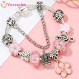 Vintage Silver Charms Bracelet with Pink Floral Charm Crystal Beads for Women