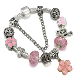 Vintage Silver Charms Bracelet with Pink Floral Charm Crystal Beads for Women