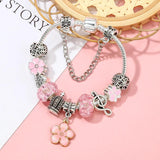 Vintage Silver Charms Bracelet with Pink Floral Charm Crystal Beads for Women