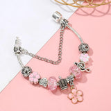 Vintage Silver Charms Bracelet with Pink Floral Charm Crystal Beads for Women