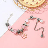 Vintage Silver Charms Bracelet with Pink Floral Charm Crystal Beads for Women
