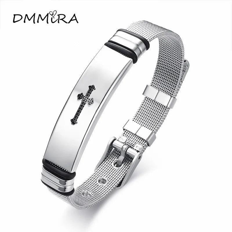 Men's Stainless Steel Jesus Cross Charm Link Mesh Chain Bracelet