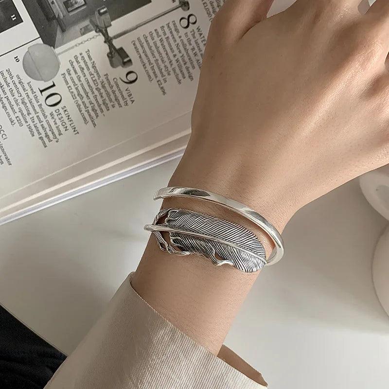 Vintage Feather Adjustable Silver Bracelet for Women