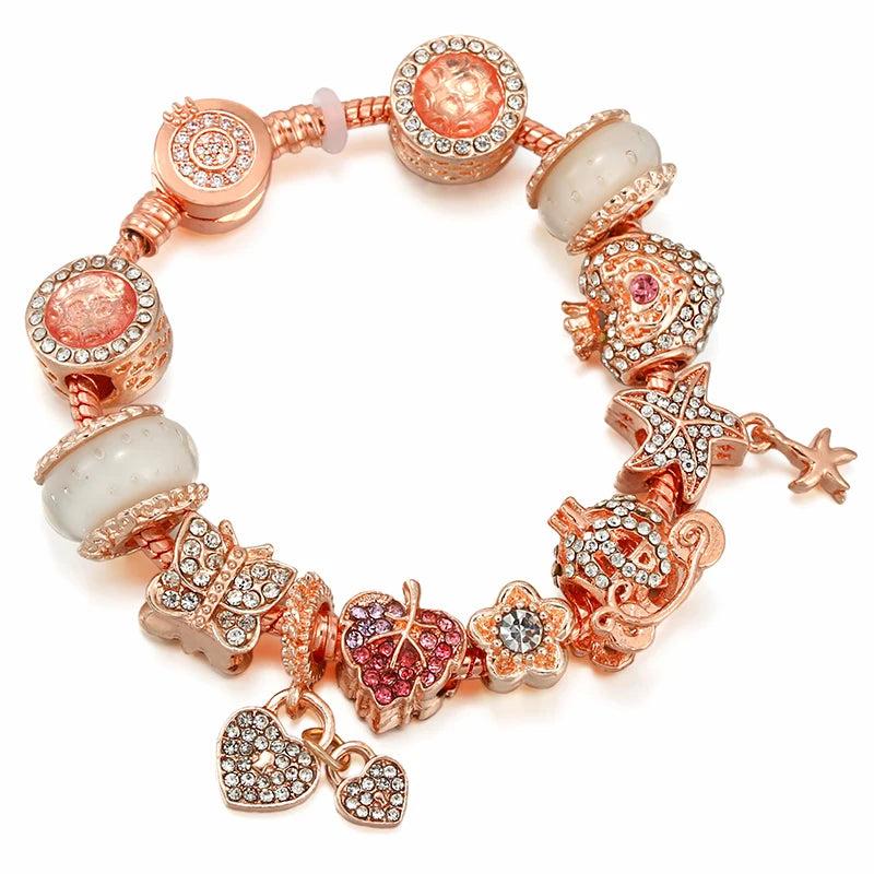 Rose Gold Butterfly Heart Charm Bracelet with Zircon & Crown Beads