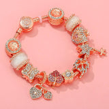 Rose Gold Butterfly Heart Charm Bracelet with Zircon & Crown Beads