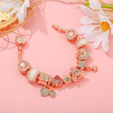 Rose Gold Butterfly Heart Charm Bracelet with Zircon & Crown Beads