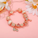 Rose Gold Butterfly Heart Charm Bracelet with Zircon & Crown Beads