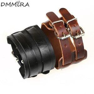Brown Red Vintage Double Buckles Clasp Wide Wrap Belt Leather Bracelet