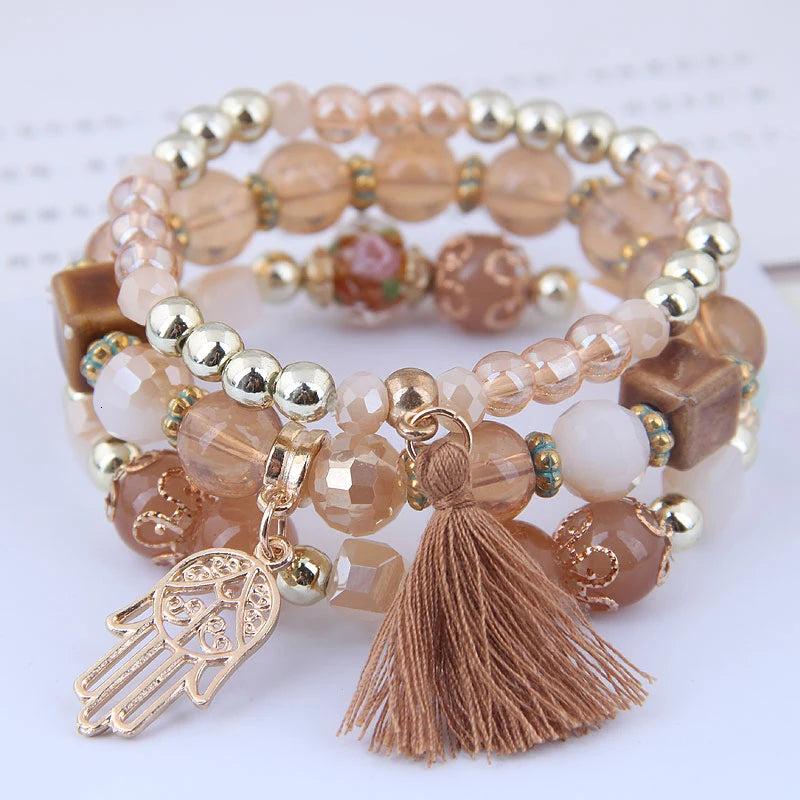 Boho Acrylic Beads Tassel Bracelets Multi-layer Wrap Jewelry
