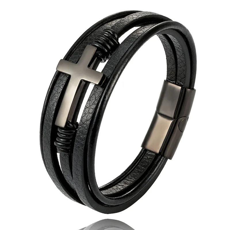 Men's Cross Leather Bracelet Titanium Steel Accessory