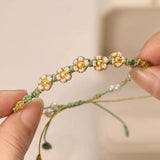 Peach Blossom Bracelets for Women Adjustable Flower Pearl Beads Weave