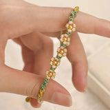 Peach Blossom Bracelets for Women Adjustable Flower Pearl Beads Weave