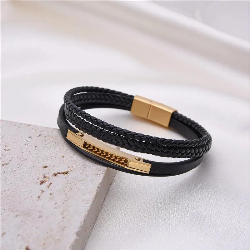 Classic Leather Braided Magnetic Buckle Bracelet Men's Business Jewelry