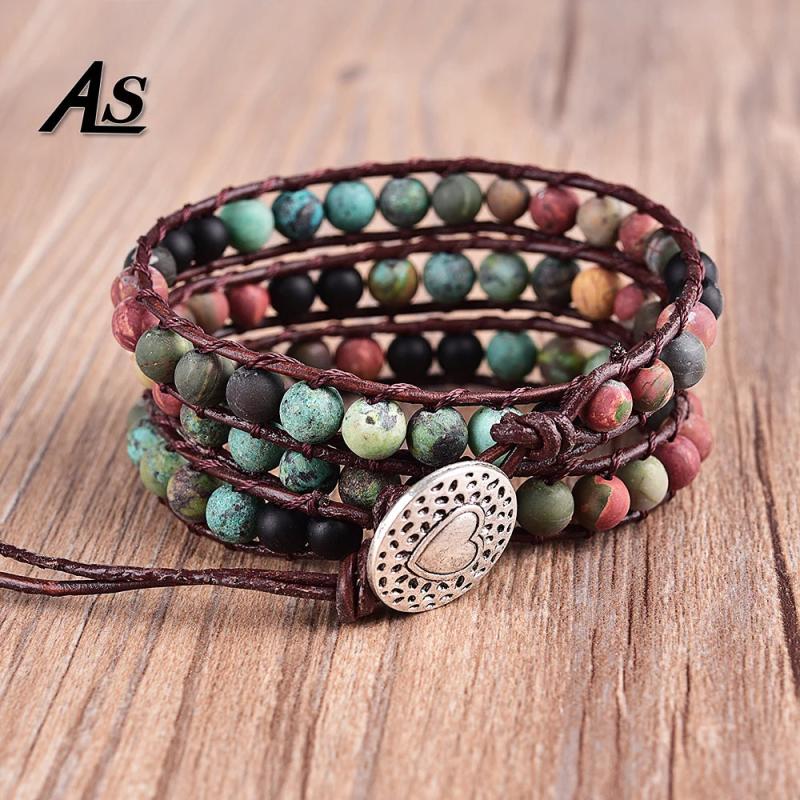 Matte Stone 6mm Afric Turquoise Beads Leather Bracelet 3 Wraps Vintage Jewelry