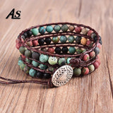 Matte Stone 6mm Afric Turquoise Beads Leather Bracelet 3 Wraps Vintage Jewelry