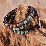 Matte Stone 6mm Afric Turquoise Beads Leather Bracelet 3 Wraps Vintage Jewelry