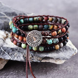 Matte Stone 6mm Afric Turquoise Beads Leather Bracelet 3 Wraps Vintage Jewelry