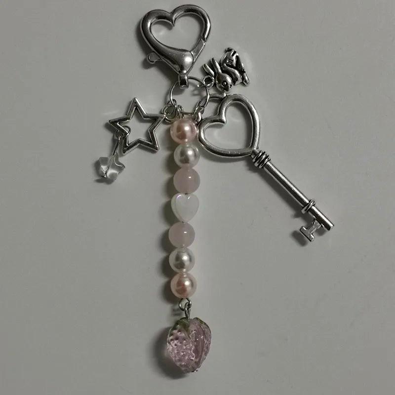 Love Keychain Sweet Romantic Star Guitar Bunny Strawberry Pearl Crystal Gift