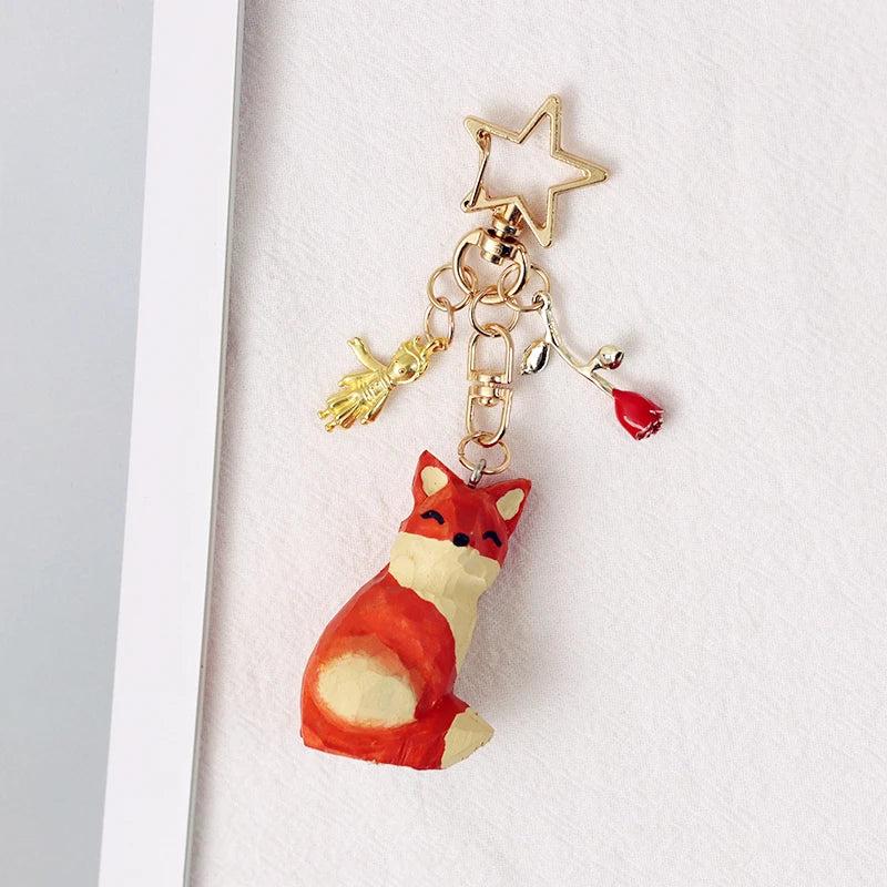 Hand Carved Little Prince Fox Keychain Rose Airpods Pendant