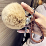 Fluffy Rabbit Fur Keychain Pompom Ball Leather Key Ring Charm