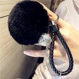 Fluffy Rabbit Fur Keychain Pompom Ball Leather Key Ring Charm