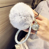 Fluffy Rabbit Fur Keychain Pompom Ball Leather Key Ring Charm