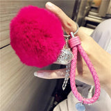Fluffy Rabbit Fur Keychain Pompom Ball Leather Key Ring Charm