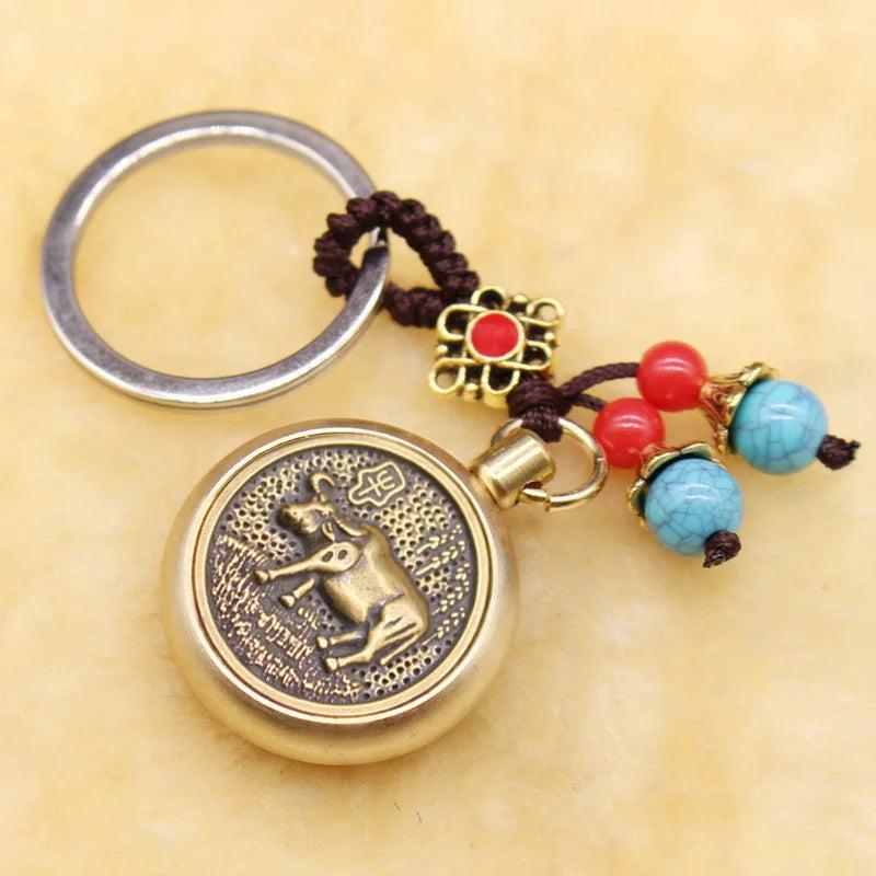 Chinese Zodiac Animal Bronze Coin Rotatable Car Keychain