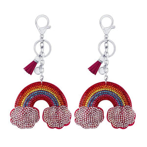 Velvet Rainbow Cloud Keychain Pendant Rhinestone Tassel Bag Car Accessory
