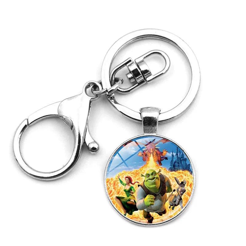 Shrek Donkey Keychain Charm Round Glass Pendant Key Ring Holder