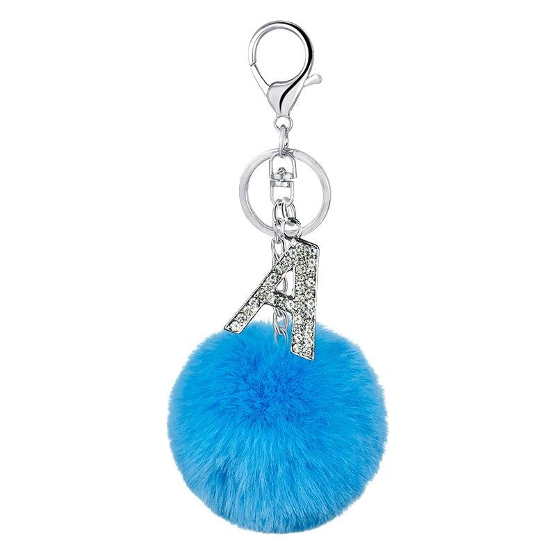 26 colors Alphabet Fur Ball Keychain Rhinestone Key Ring
