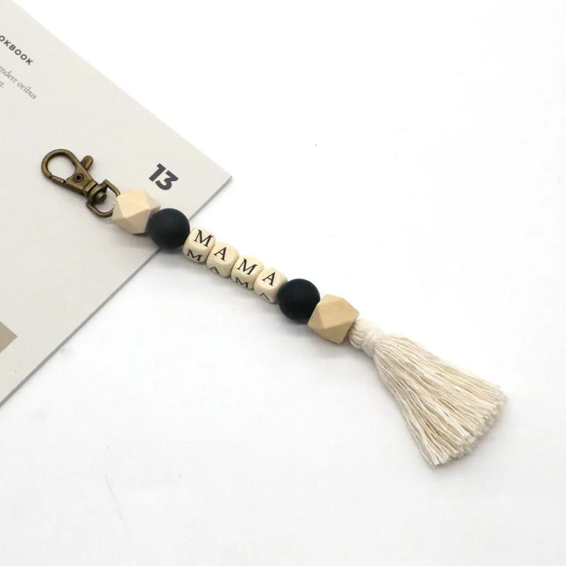 Monogram Wood Beads Key Rings for Women with Tassel & Silicon Letters