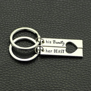 Beauty Beast Keychain Set, Soulmate Couples Gift, Heart Love Key ring