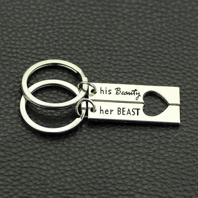 Beauty Beast Keychain Set, Soulmate Couples Gift, Heart Love Key ring
