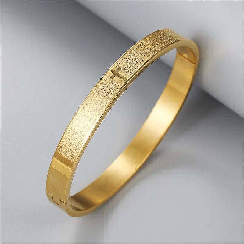Cross Pattern Bracelet Open Bangle Spanish Scripture Stainless Steel