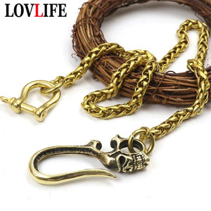 Brass Long Chain Men Pants Belt Skull Buckle Trousers Chains