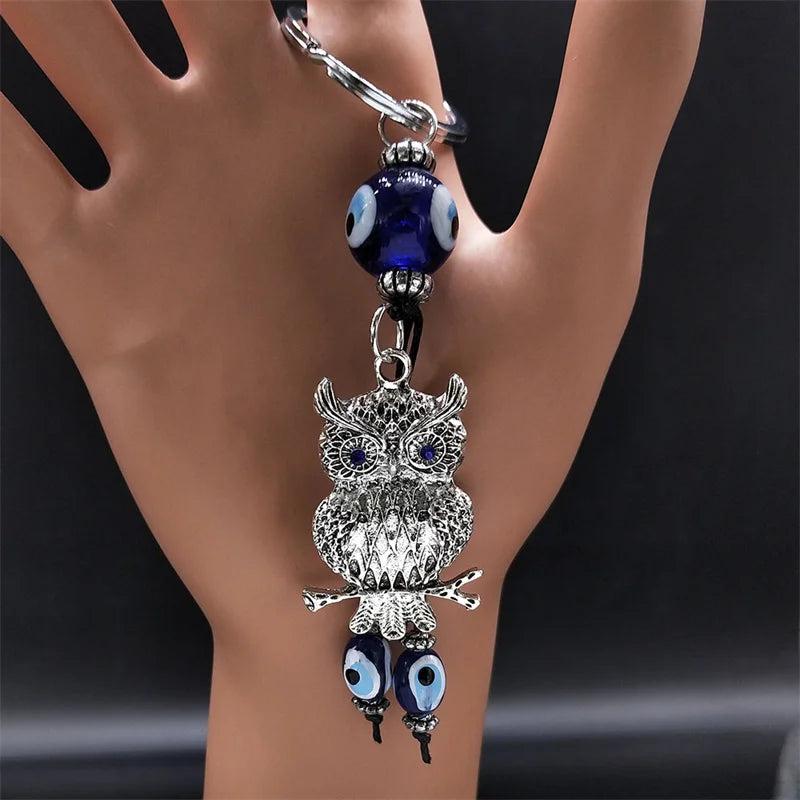 Owl Eye Keychain Silver Alloy Lucky Protection Key Ring Jewelry