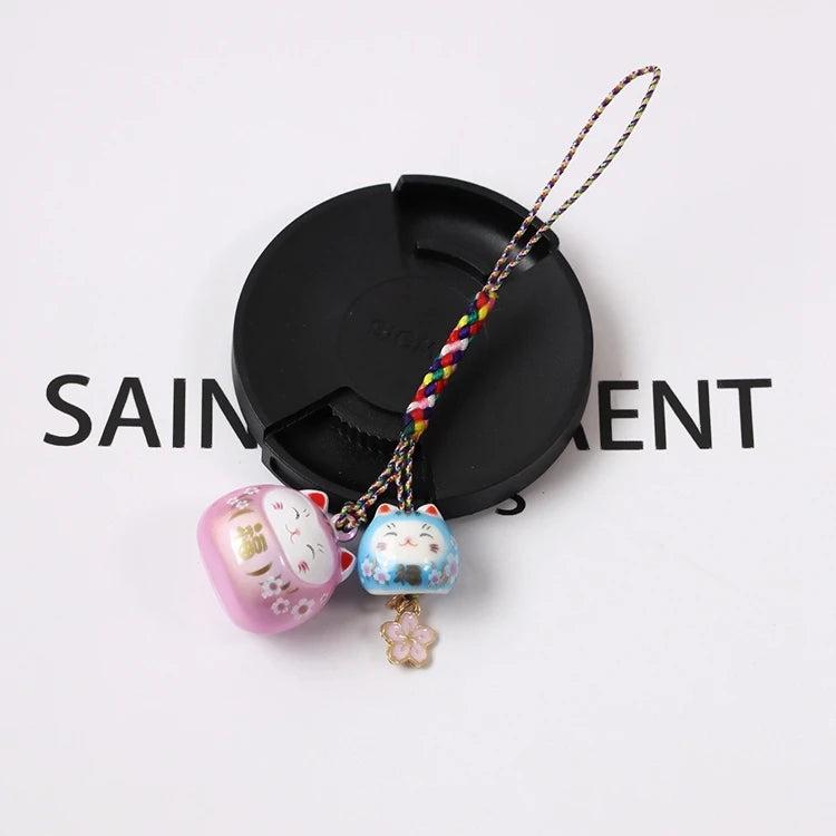 Japanese Lucky Cat Phone Strap Sakura Cat Charm KeyChain Couple Gift