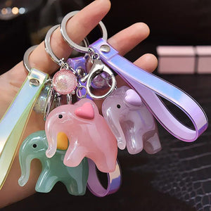 Acrylic Elephant Keychain with Pom Pom Crystal Ball PU Leather Key Chain