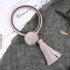 Woman PU Leather Metal Keychain Wrist Jewelry Hair Ball Tassel Bracelet Key Ring