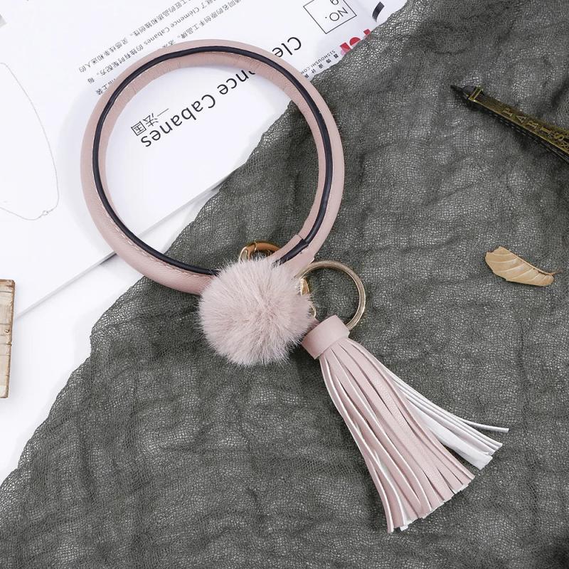 Woman PU Leather Metal Keychain Wrist Jewelry Hair Ball Tassel Bracelet Key Ring