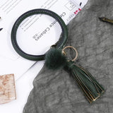 Woman PU Leather Metal Keychain Wrist Jewelry Hair Ball Tassel Bracelet Key Ring