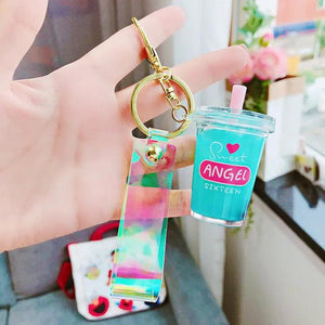 Liquid Crystal Milk Tea Cup Keychain Quicksand Glitter Key Ring D567