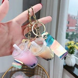 Liquid Crystal Milk Tea Cup Keychain Quicksand Glitter Key Ring D567