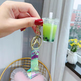 Liquid Crystal Milk Tea Cup Keychain Quicksand Glitter Key Ring D567