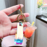 Liquid Crystal Milk Tea Cup Keychain Quicksand Glitter Key Ring D567