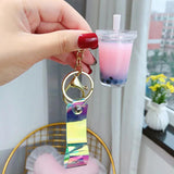 Liquid Crystal Milk Tea Cup Keychain Quicksand Glitter Key Ring D567