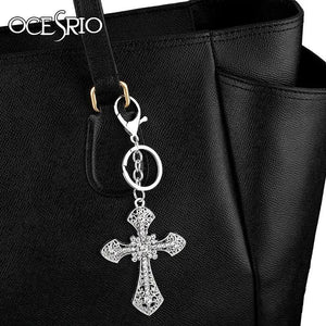 Big Rhinestones Crystal Metal Cross Keychain Silver Bag Car Key Chain