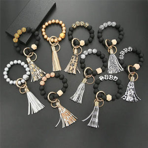 Wood Beads Bracelet Keychain Women Tassel Leopard Keyring