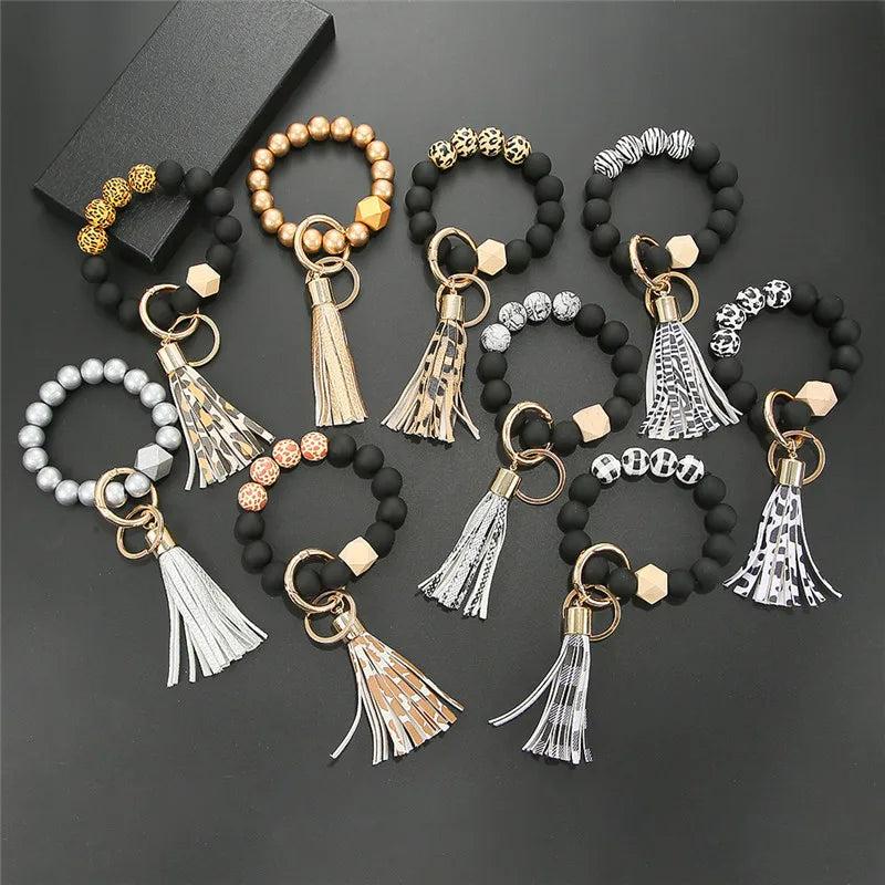 Wood Beads Bracelet Keychain Women Tassel Leopard Keyring